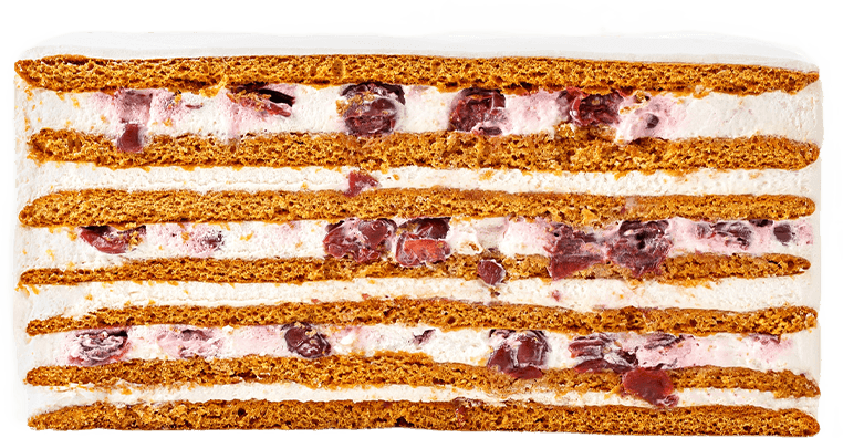 Medovic cu vișină. Blat din miere cu cremă din smântână, frișcă și adaos de vișine.